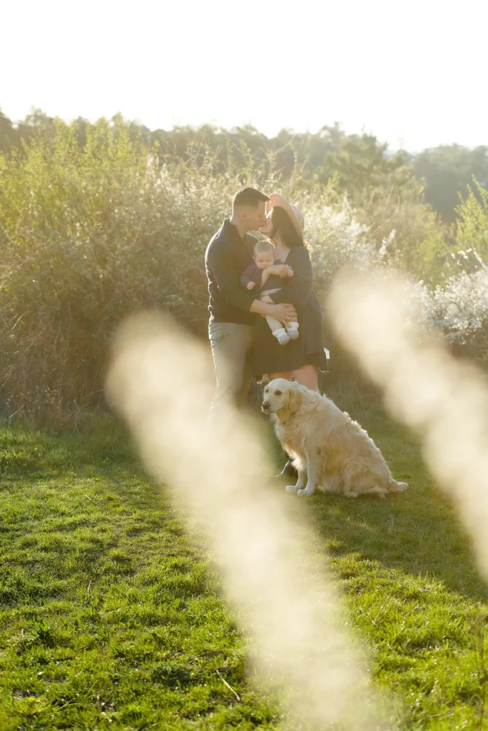 Családi fotózás naplementében kutyával a természetben tavasszal - Budapest - Family Photoshoot in sunset at the nature at Spring