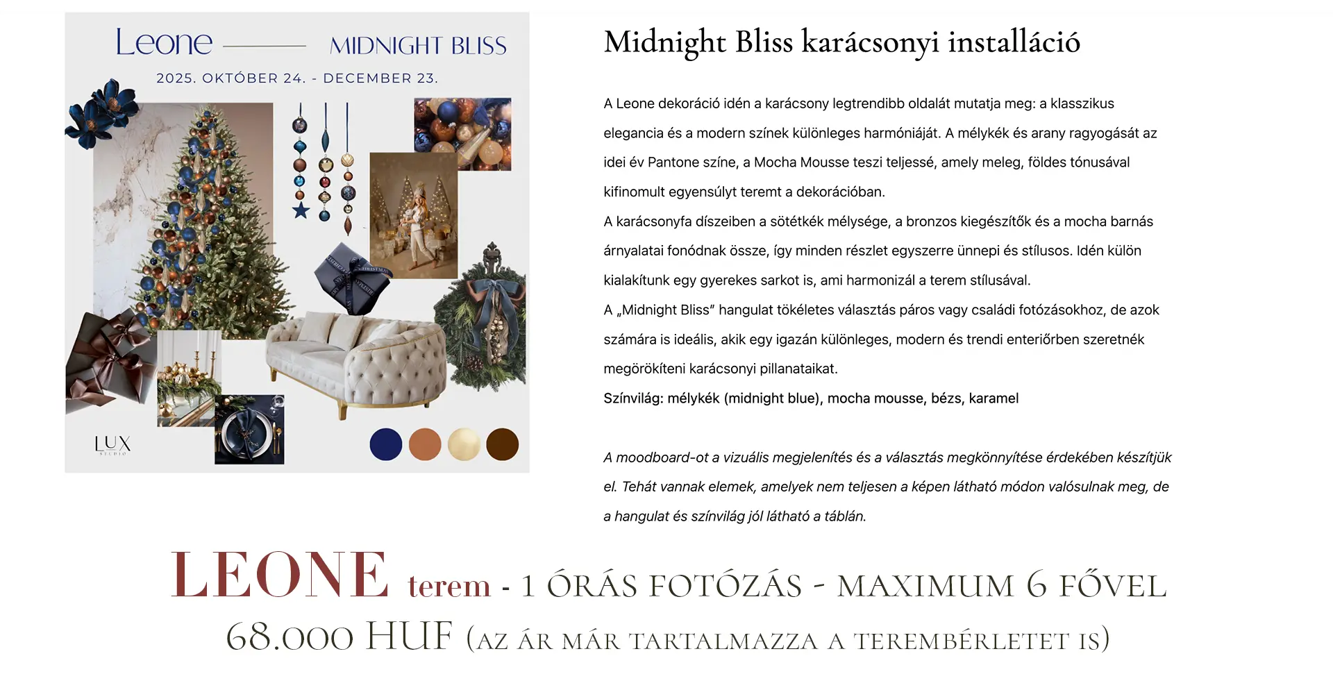 Karácsonyi fotózás Budapesten - Mimosa terem - kék narancs színekkel - Christmas photoshoot Budapest